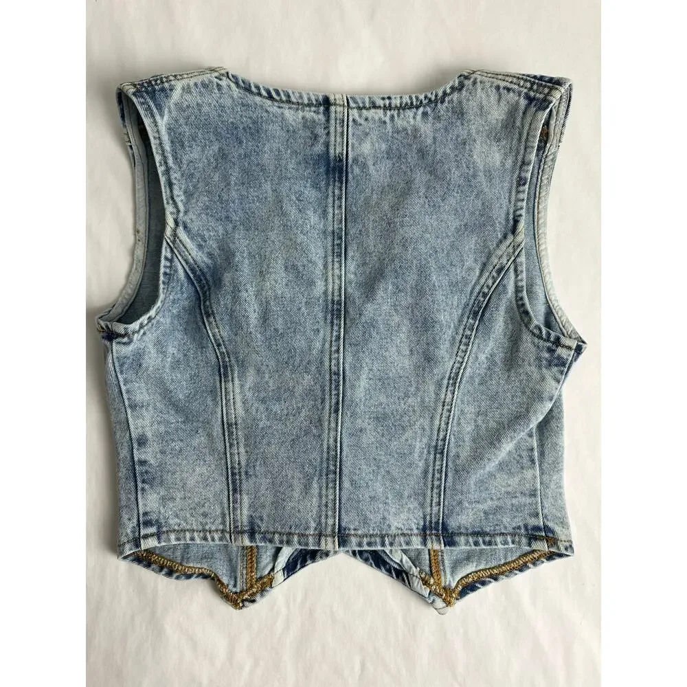 Sleeveless Light Wash Denim Vest - Crop Button Front - Picture 3 of 7